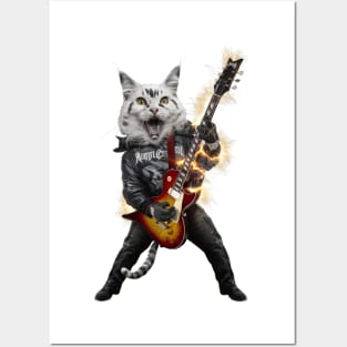 Cat Rock Maine Coon Funny Electric Guitar Punk Rocker Gift For Cat Mum Mom Dad Heavy Metal Kitten Cats Lover Posters and Art